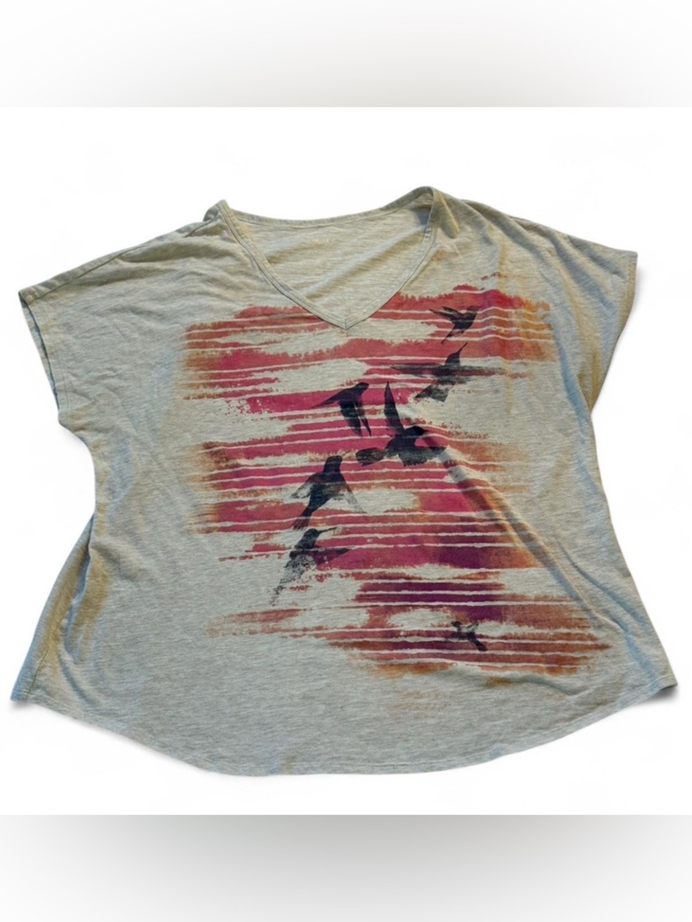 Womens V-Neck Graphic Tee with Bird Print - Gray and Pink
